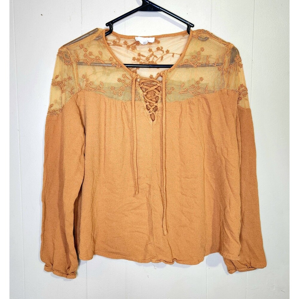 Melloday Mustard Yellow Lace Up Blouse Size Medium